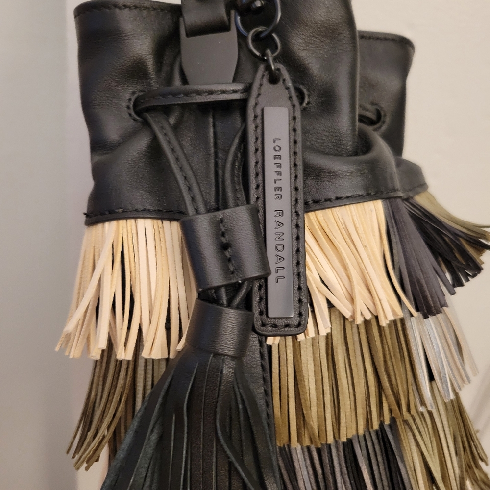 NWOT Loeffler Randall genuine leather fringe handbag purse. Black tan metallic - Picture 2 of 16